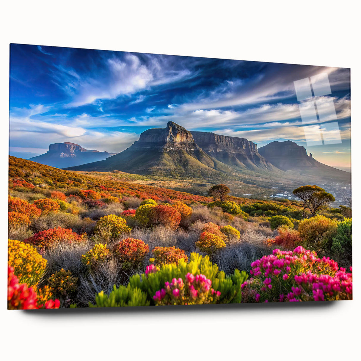 Large abstract wall art depicting the South African scenery on acrylic glass, suitable for bedroom or dining room decor.
