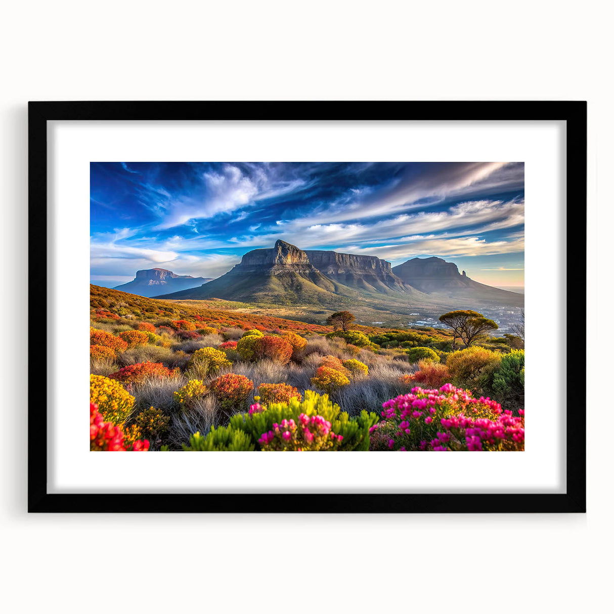 Extra large abstract art print of a vibrant African scenery on textured canvas, framed in black, ideal for living room decor.