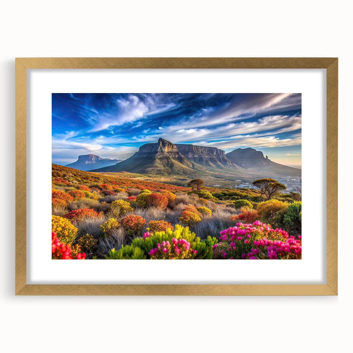 Extra large abstract art print of textured African scenery in muted earth tones, framed in gold, ideal for living room decor.