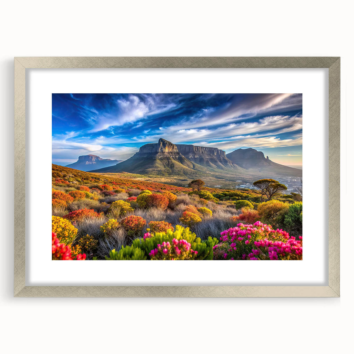 Textured art of abstract African scenery in muted earth tones, framed in silver, suitable for bedroom decor.