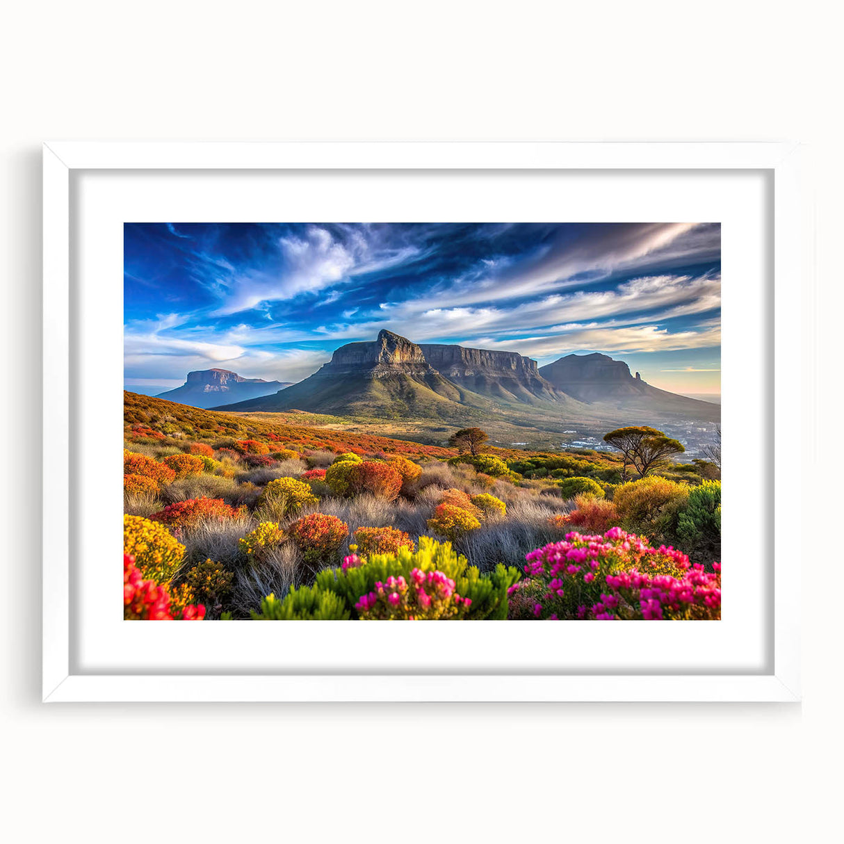 Abstract art print of a South African landscape with vibrant earth tones, framed with a white mat.