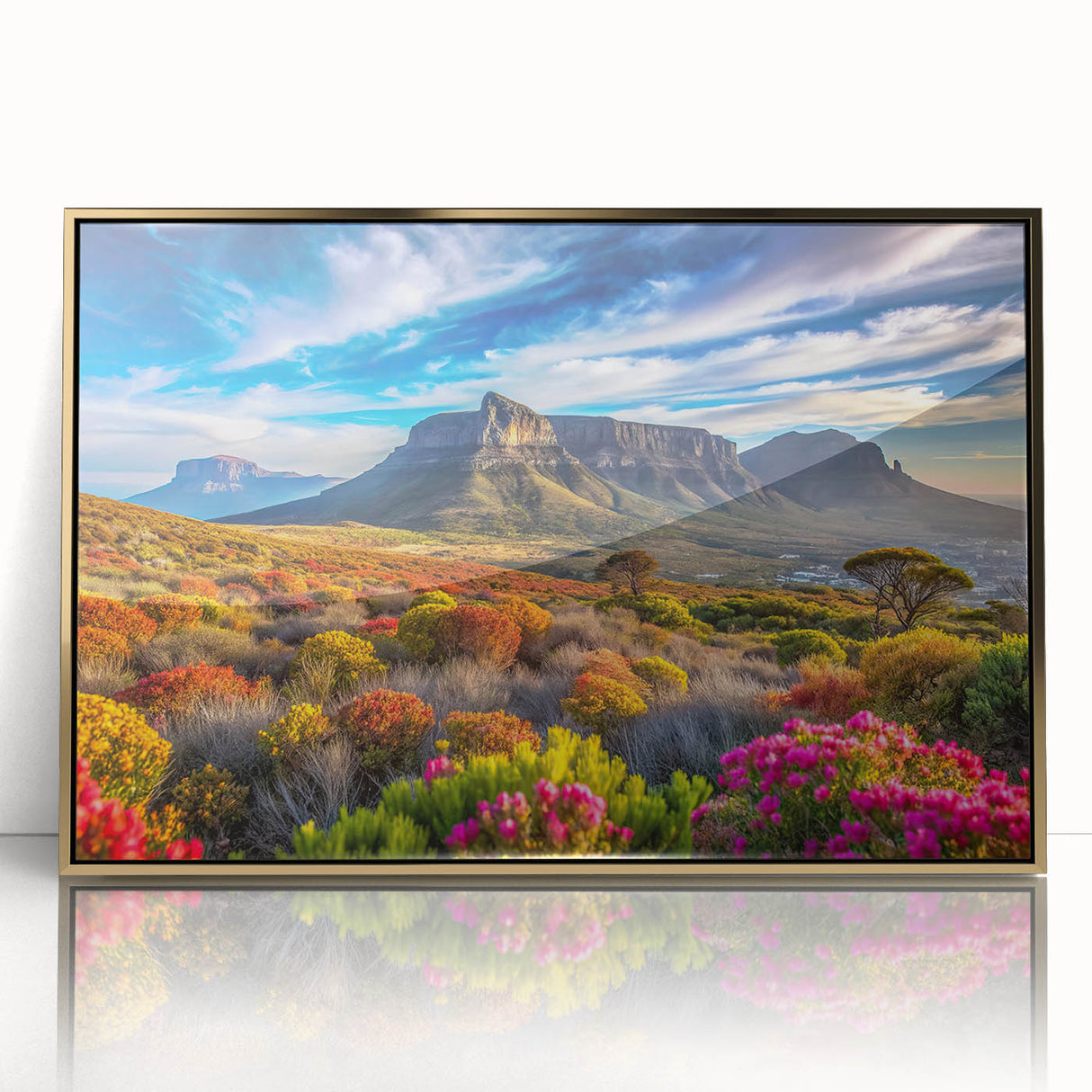 Large art print of a South African landscape in gold and green tones on a framed acrylic, suitable for modern nursery decor.