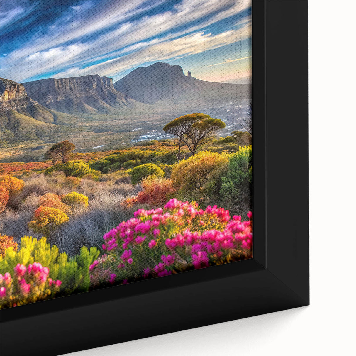 Extra large framed canvas featuring a textured, colorful African scenery in vibrant hues, ideal for living room decor.