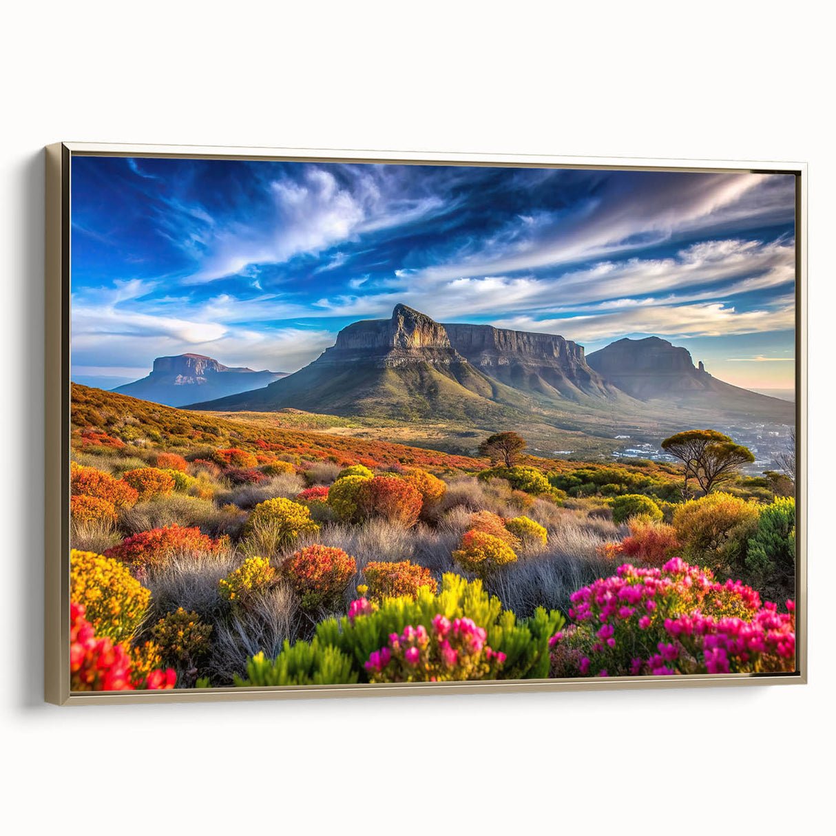 Framed canvas featuring a vintage-style South African landscape in muted gold and black tones, ideal for bedroom wall decor.