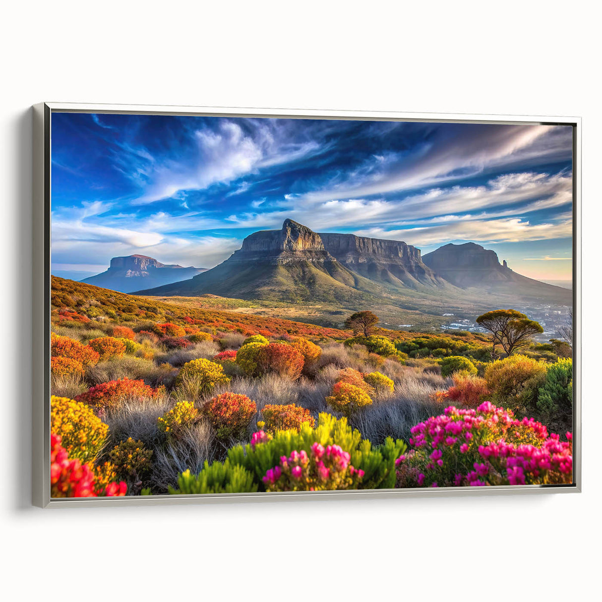 Framed canvas depicting a vibrant, colorful African landscape, ideal for enhancing a living room or study.