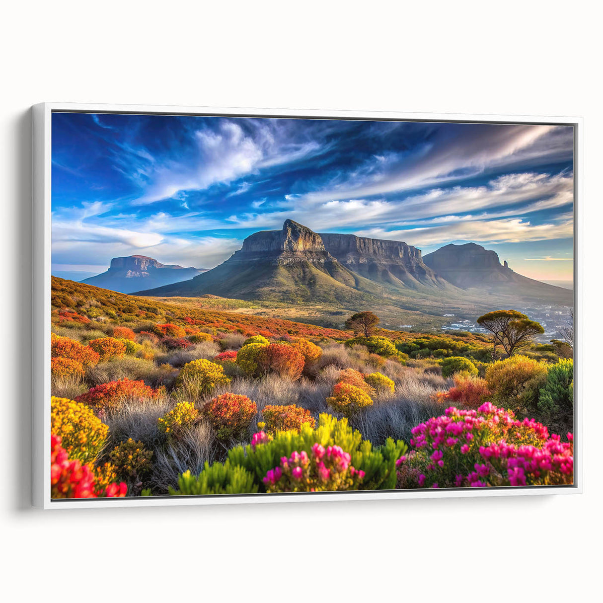 Vintage poster art of a colorful African scenery on extra large framed canvas, ideal for living room decor.