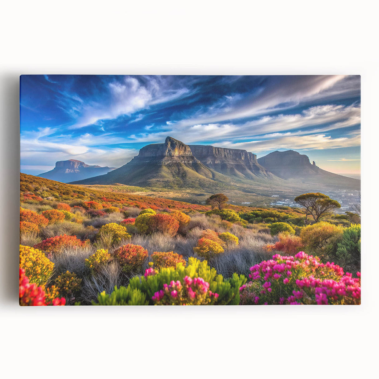 Large black and white stretched canvas featuring an expansive African savannah landscape, ideal for kitchen wall art.
