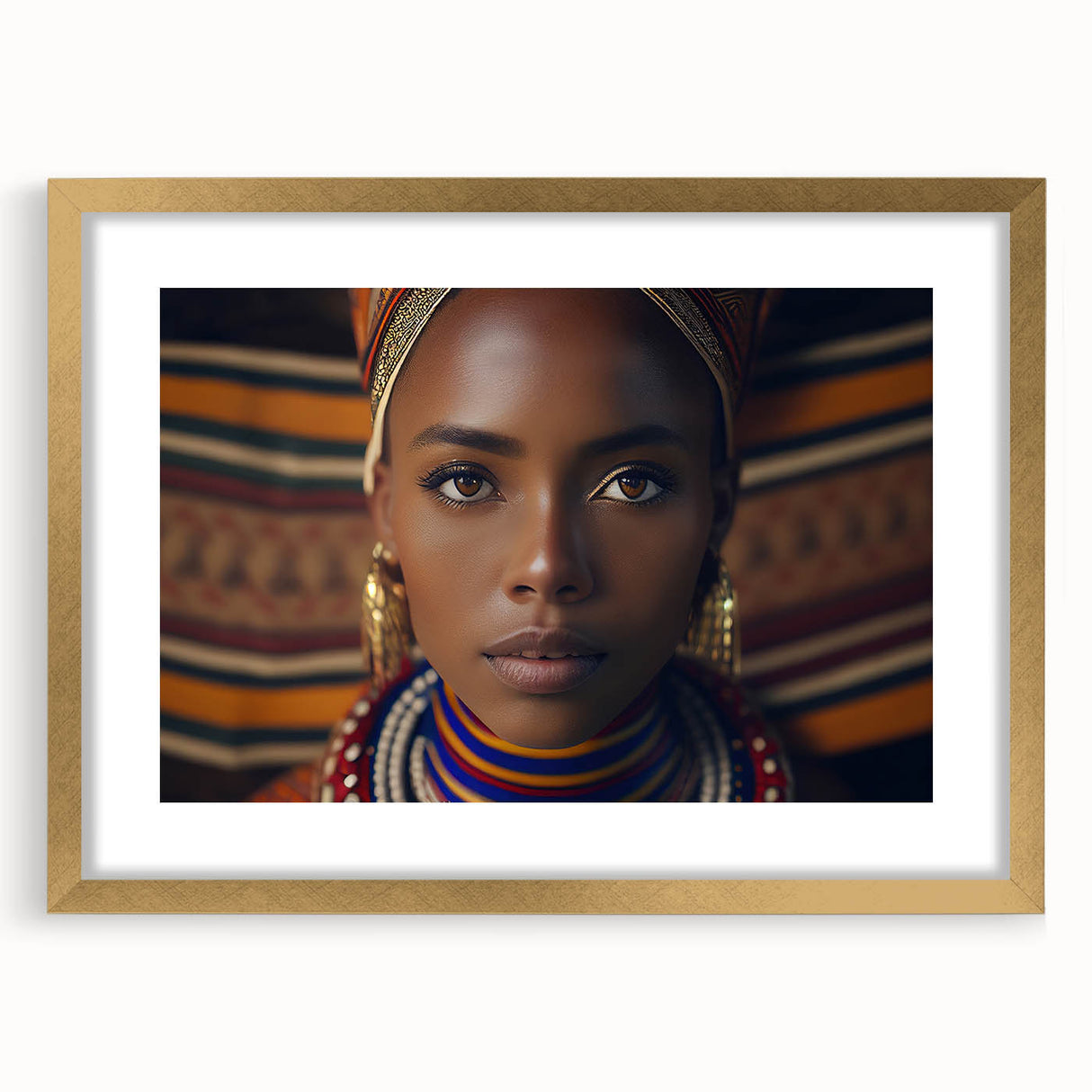 Extra large abstract art print of African scenery in textured gold frame, ideal for living room decor.