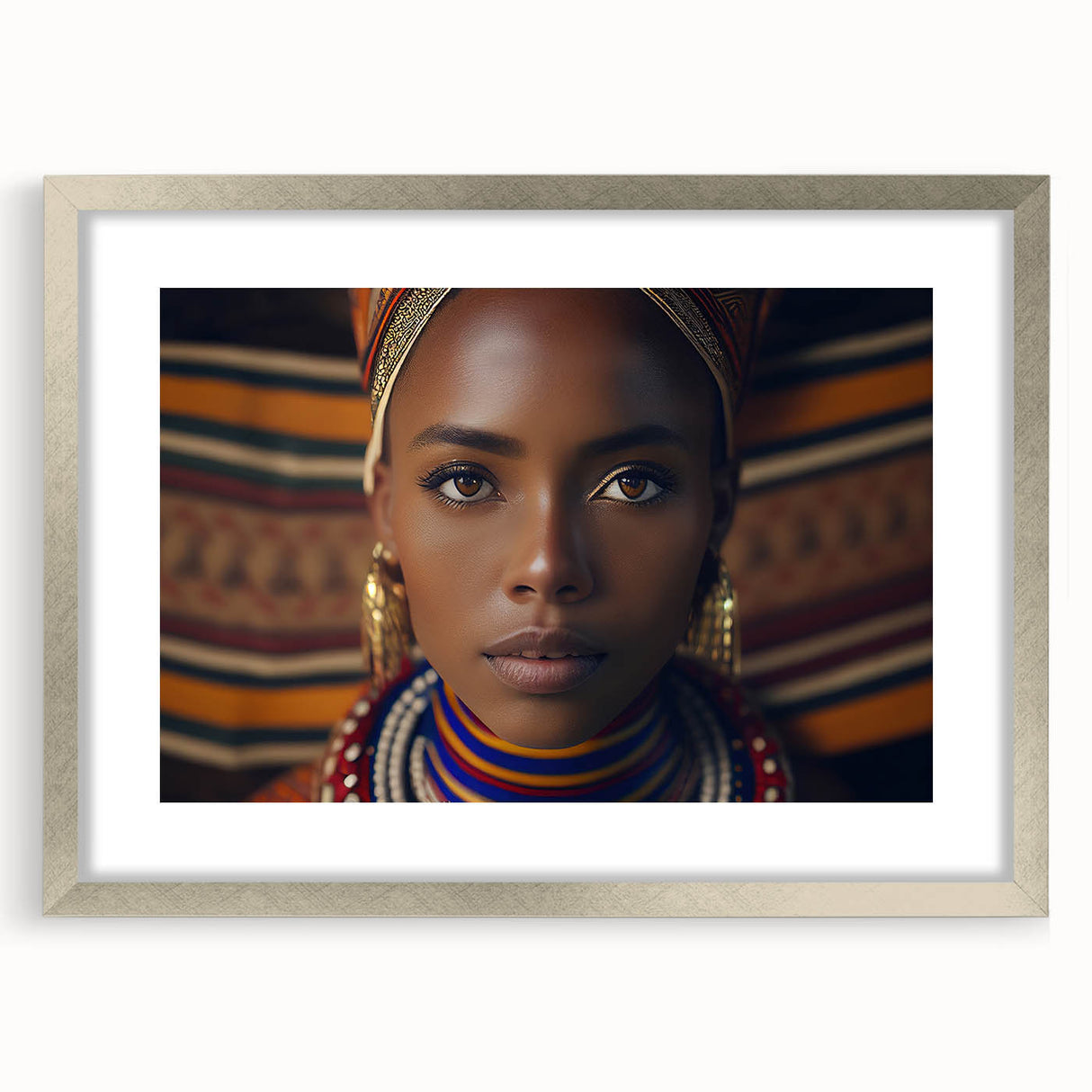 Textured art depicting abstract African scenery in earth tones on a silver-framed mat, ideal for bedroom decor.