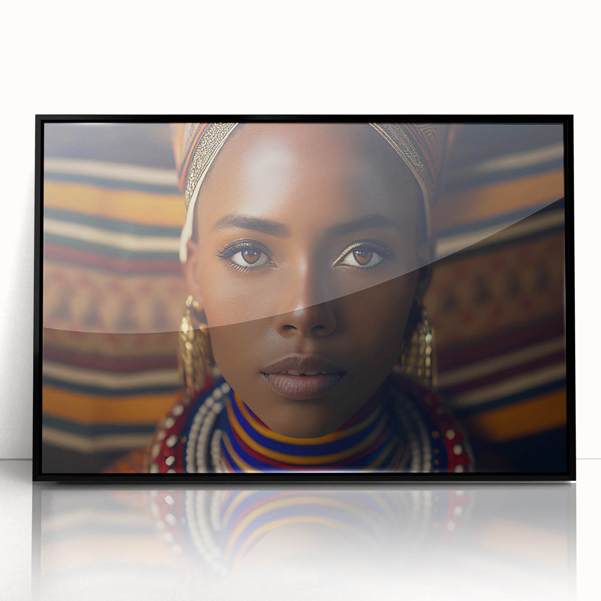 Large abstract wall art depicting a Tanzanian scenery in muted earth tones, framed in black acrylic.