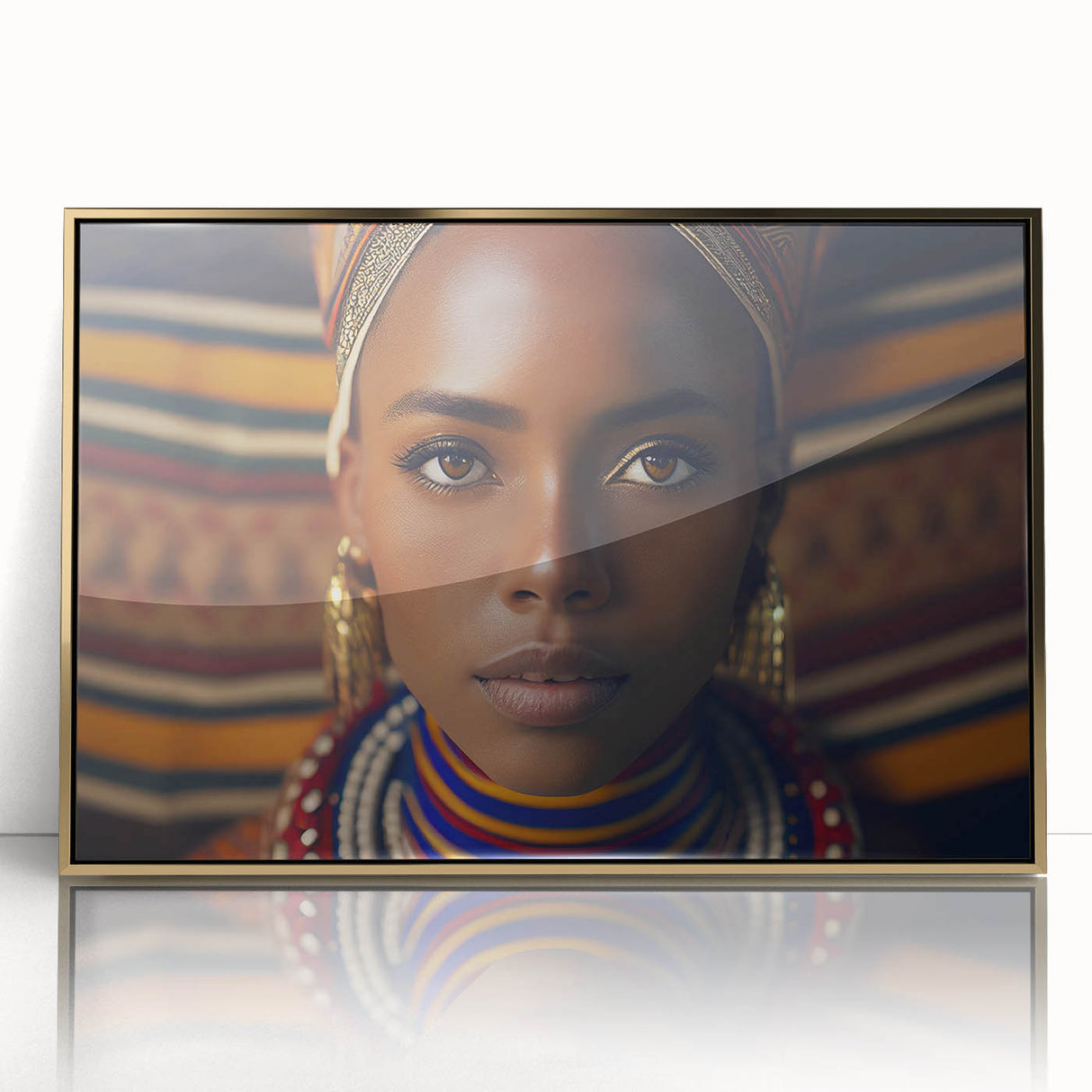 Large art print of a serene Tanzanian landscape in muted earth tones, framed in gold acrylic.