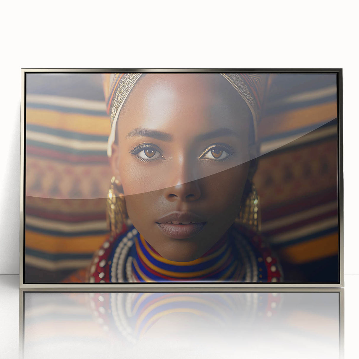 Mid-century modernist art of Tanzanian scenery in muted earth tones on a silver-framed acrylic.