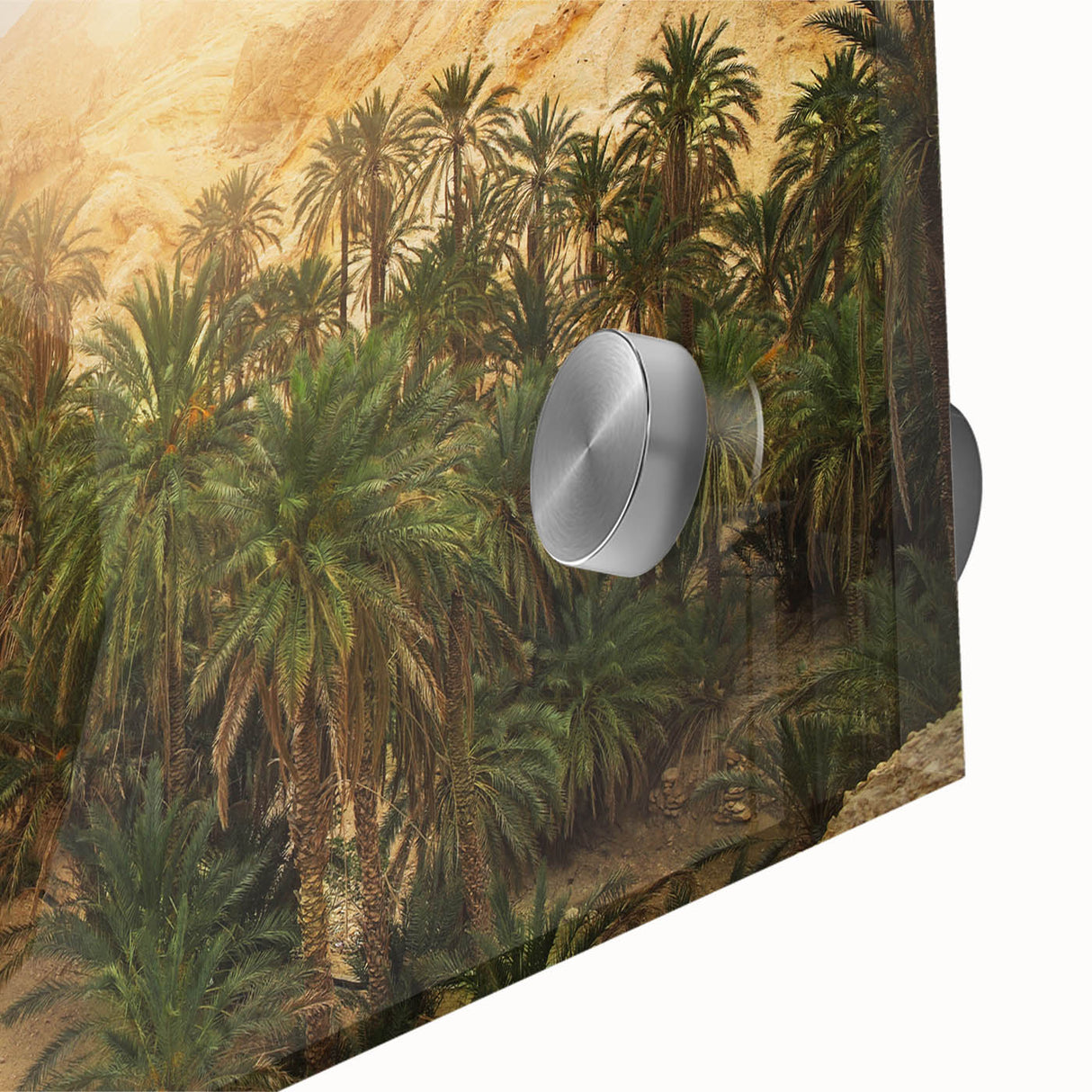 Large abstract wall art featuring a Tunisian landscape in muted earth tones on acrylic glass.