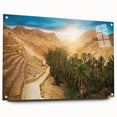 Large abstract wall art of Tunisian scenery in muted earth tones on acrylic glass, ideal for dining room decor.