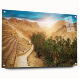 Large abstract wall art of Tunisian scenery in muted earth tones on acrylic glass, ideal for dining room decor.