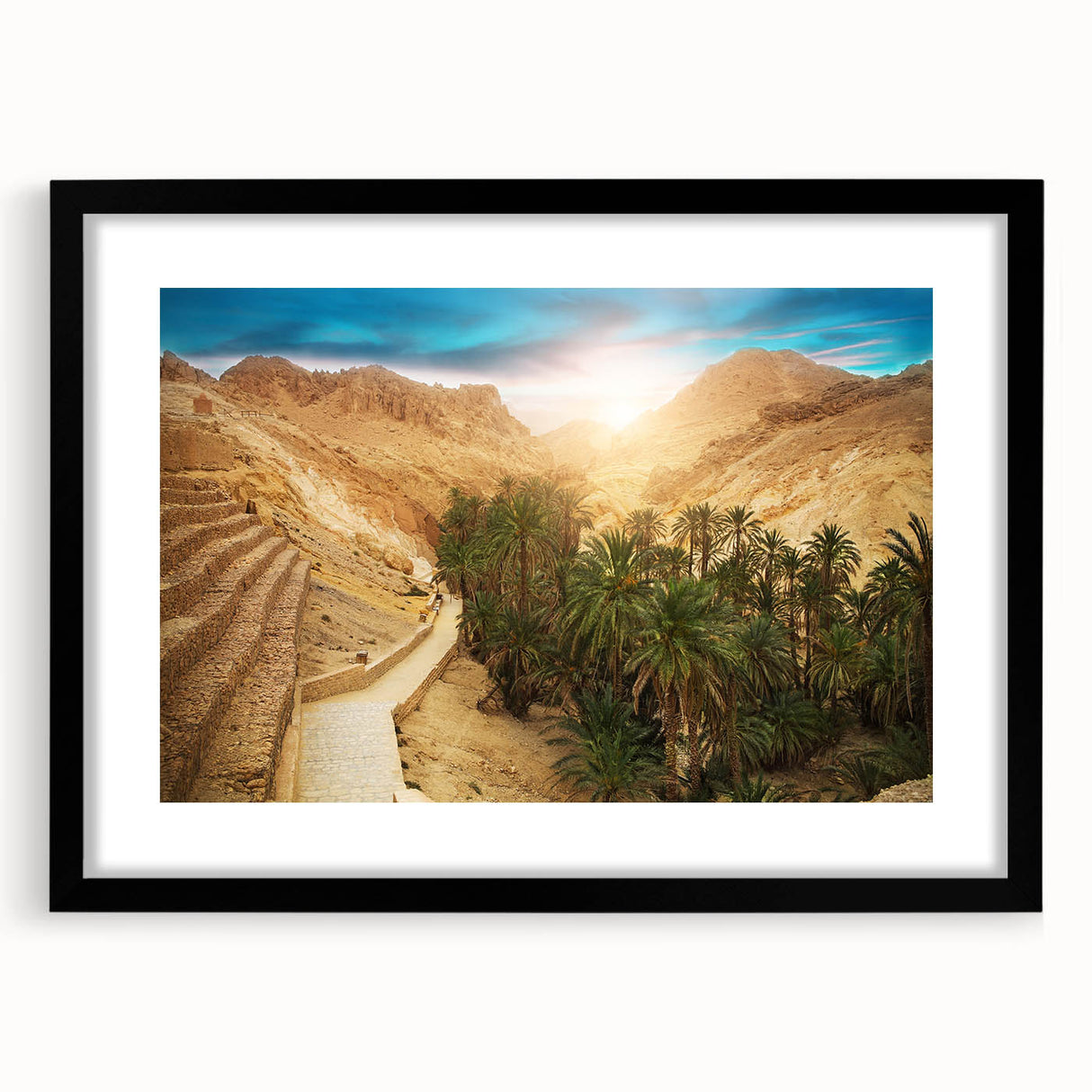 Extra large abstract art print featuring colorful, textured scenery of Tunisia on a black-framed canvas.