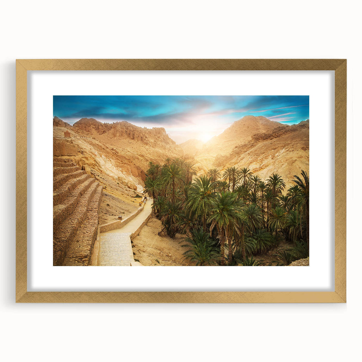 Extra large abstract art print depicting textured scenery of Tunisia in a gold frame, ideal for living room decor.
