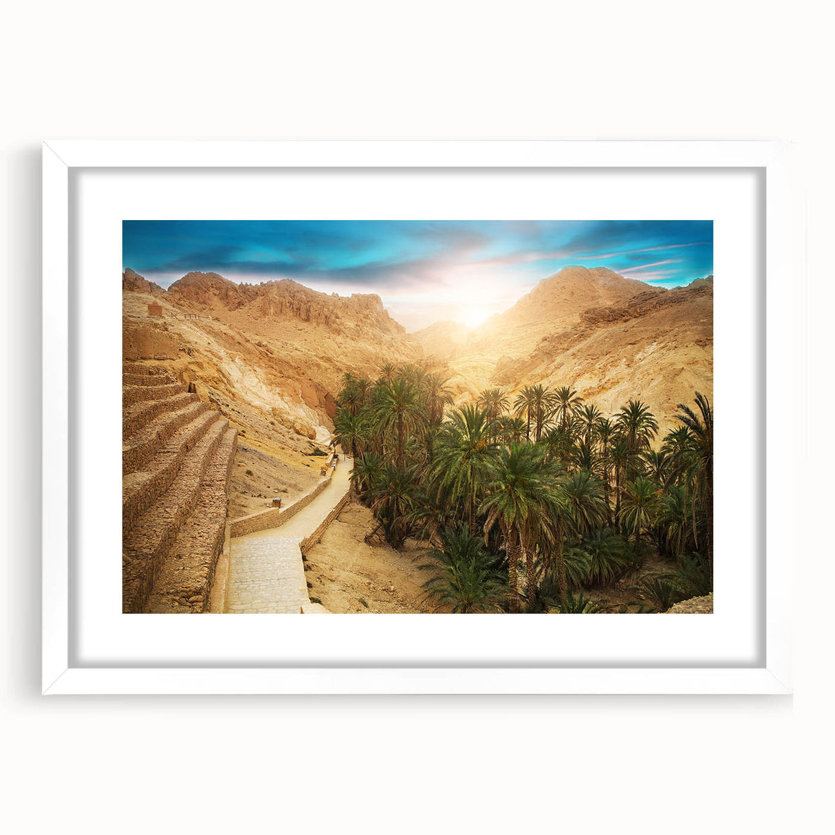 Abstract art print of a Tunisian landscape in muted earth tones on a framed white mat, suitable for dining room decor.