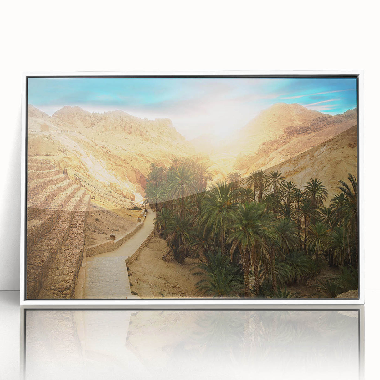 Art deco poster featuring a vibrant Tunisian landscape on white framed acrylic, suitable for modern art wall decor.