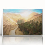 Art deco poster featuring a vibrant Tunisian landscape on white framed acrylic, suitable for modern art wall decor.
