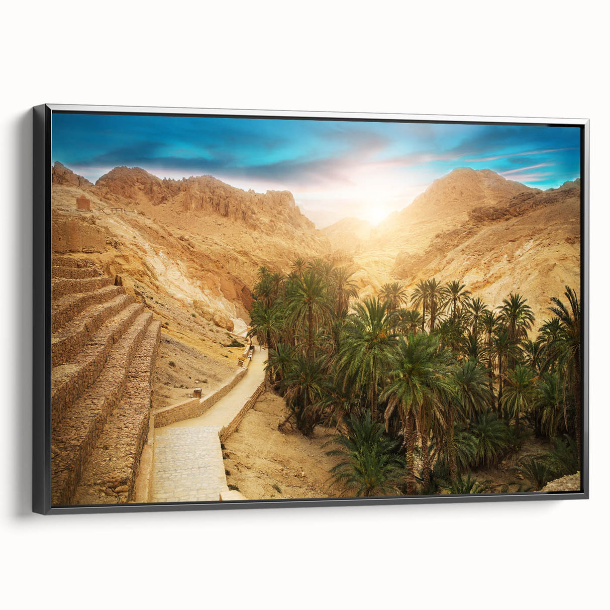 Framed canvas featuring a black and white vintage poster art of a Tunisian landscape, ideal for bedroom wall decor.