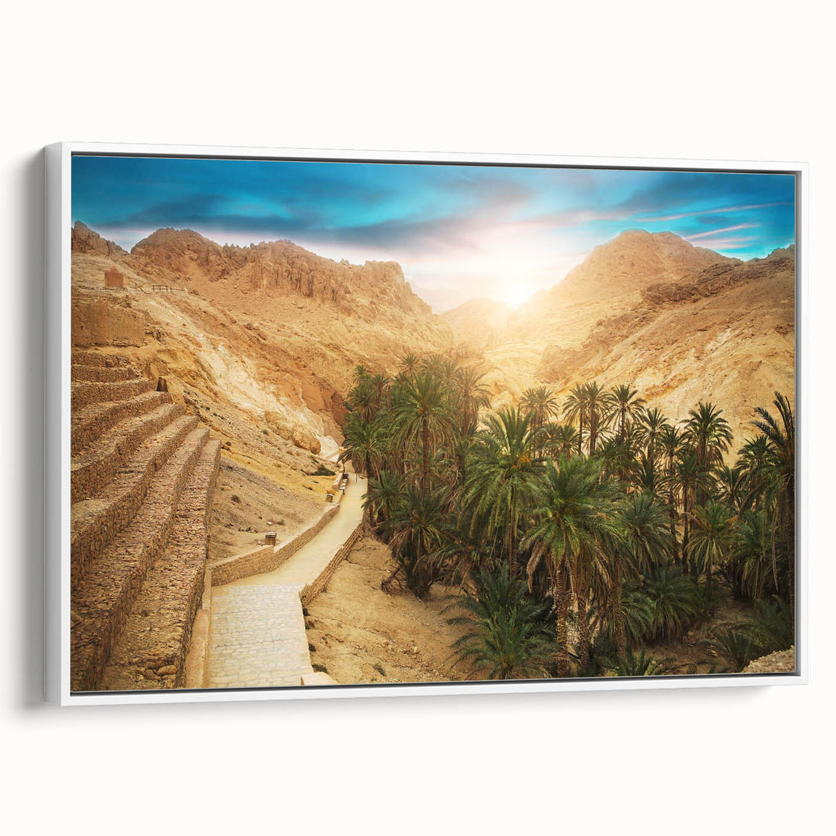 Vintage poster art of a Tunisian landscape on a framed canvas, featuring a colorful palette, ideal for living room decor.
