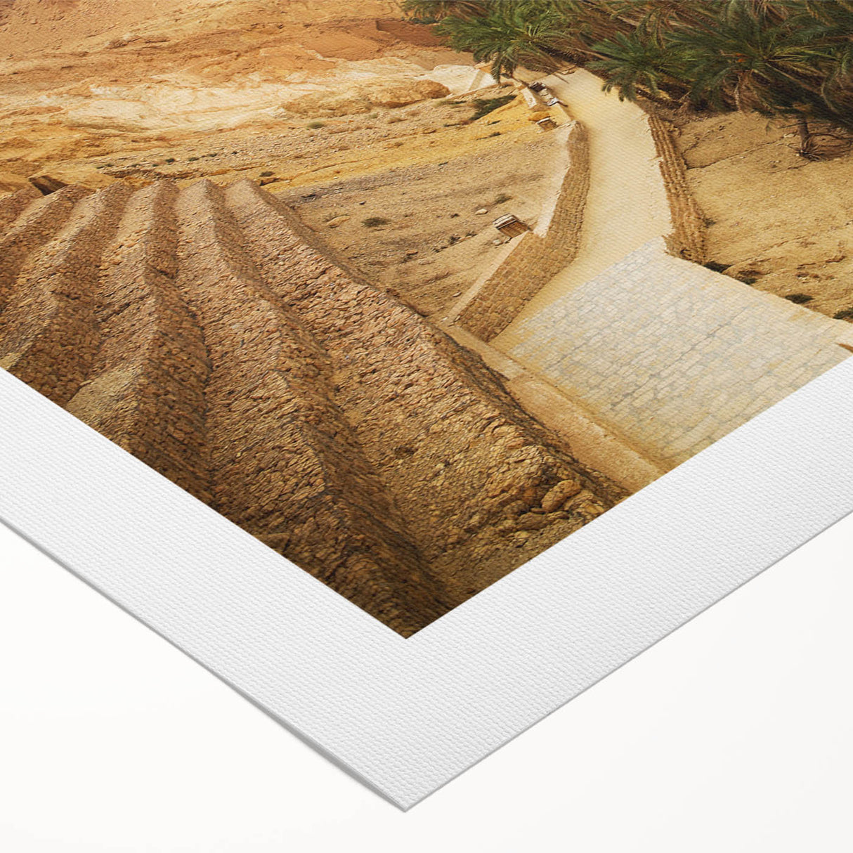 Art deco poster of a Tunisian landscape in earth tones on rolled canvas, suitable for dining room wall art.