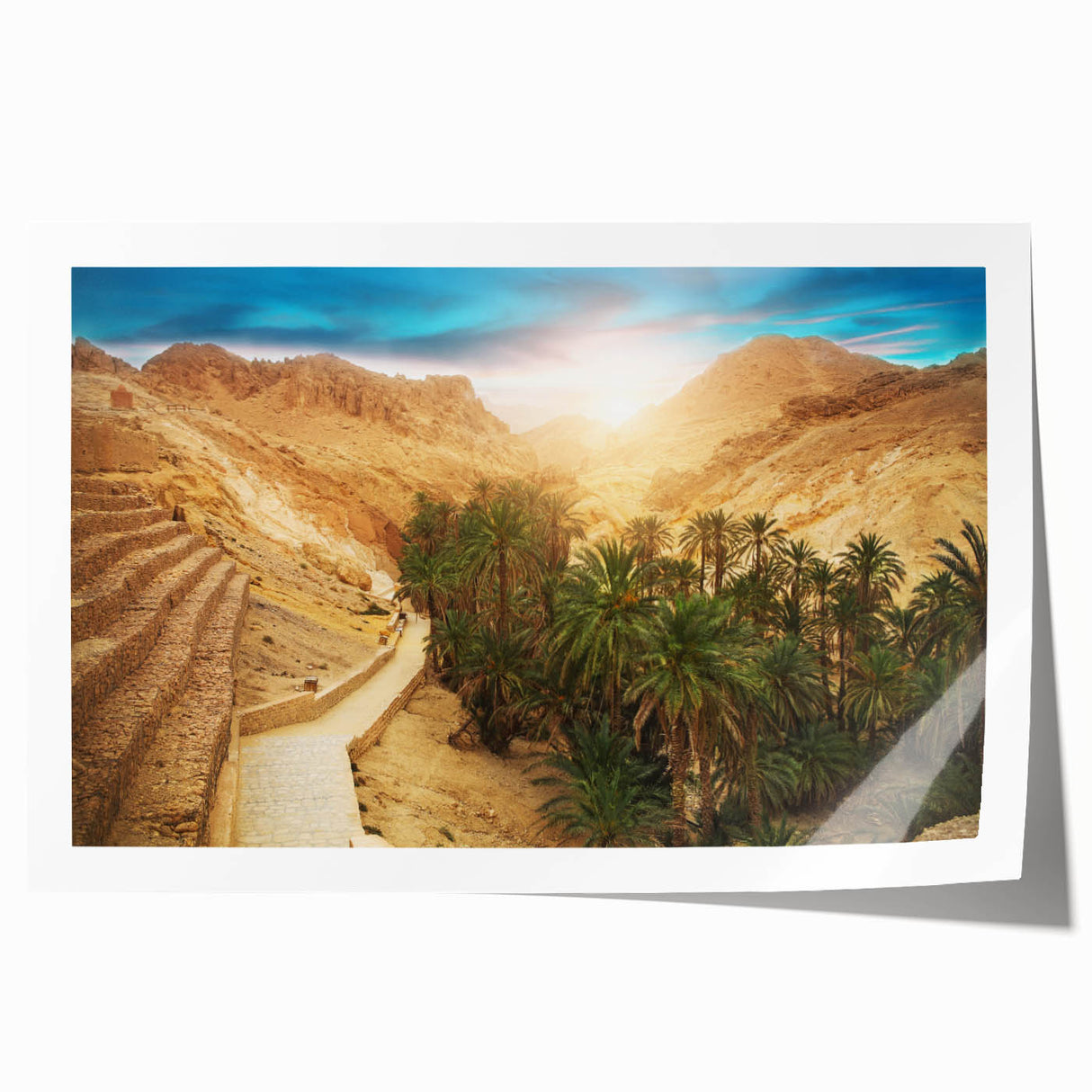 Extra large rolled canvas print featuring a Tunisian landscape with vibrant floral elements, ideal for art wall dining room.