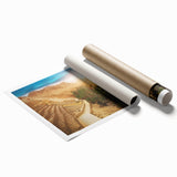 Extra large rolled print featuring a Tunisian landscape with floral elements in soft earth tones.