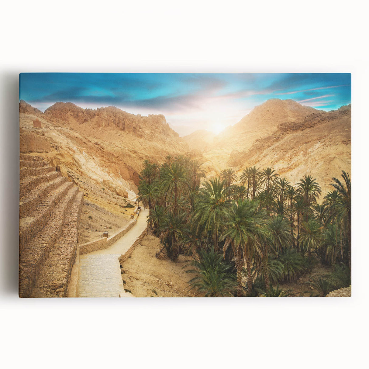Black and white stretched canvas featuring a Tunisian landscape, ideal for kitchen wall art.