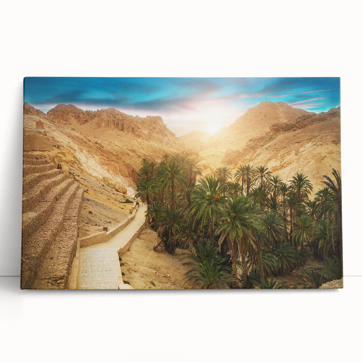 Large black and white stretched canvas featuring a Tunisian landscape, ideal for kitchen wall art or bedroom decor.