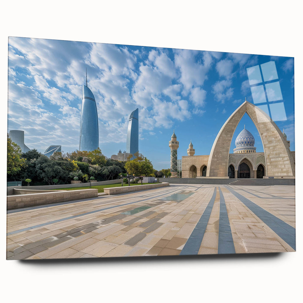 Large abstract wall art of an Asian landscape in muted earth tones on acrylic glass.