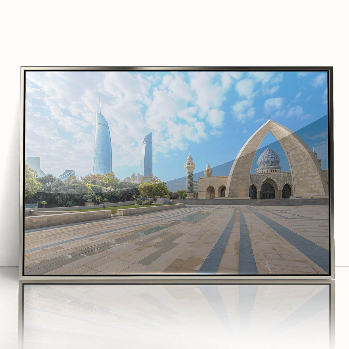 Mid-century modernist art depicting an abstract cityscape in muted silver and gray tones, framed acrylic.