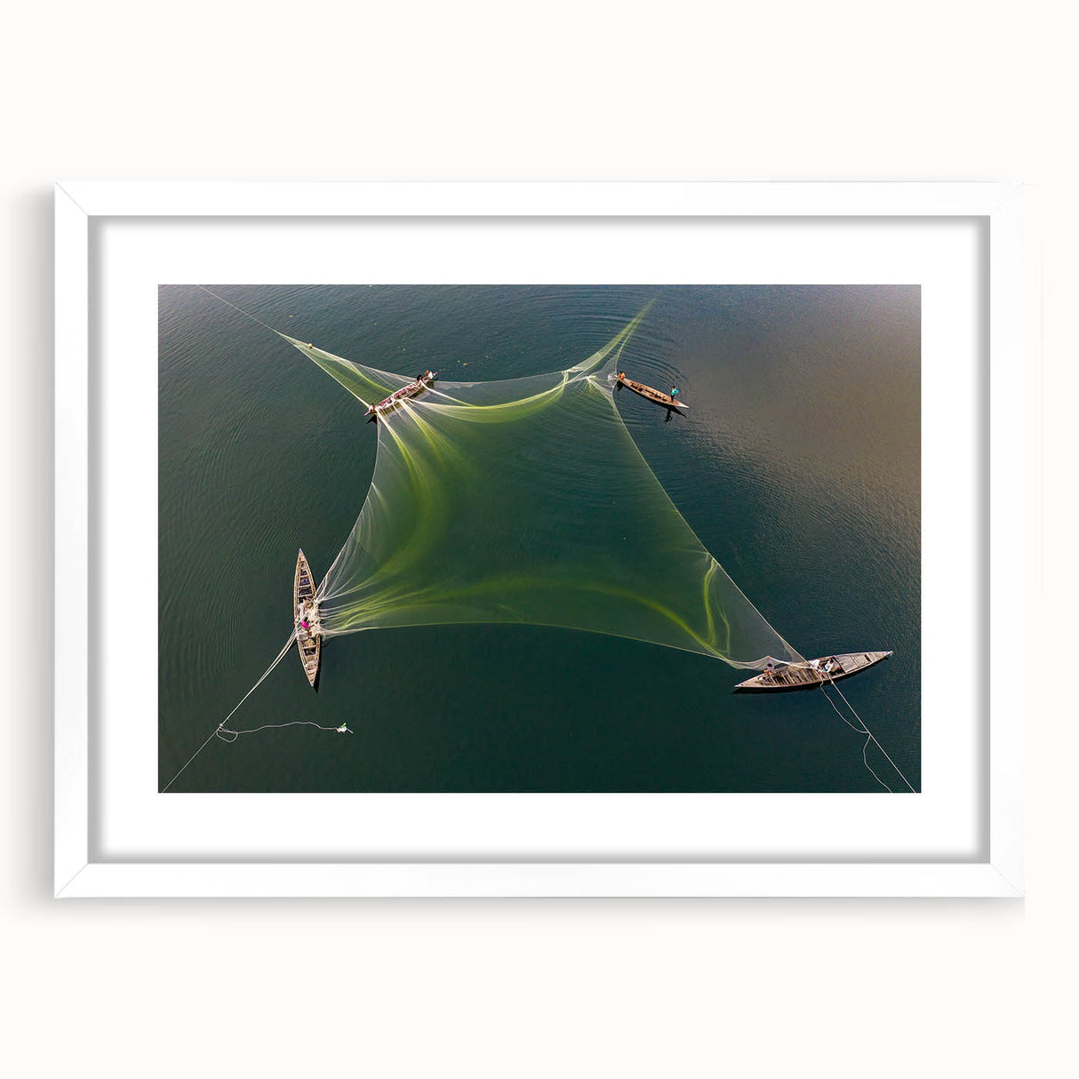Abstract art print depicting a serene Bangladesh landscape in muted green and blue tones, framed with a white mat.
