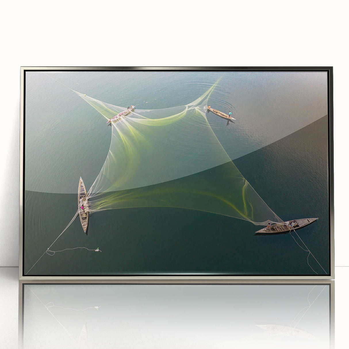 Mid-century modernist art depicting a lush Bangladesh landscape in acrylic, framed in silver, ideal for nursery wall art.