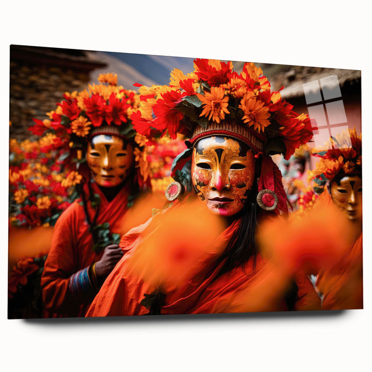 Large abstract wall art of Bhutanese scenery in vibrant hues on acrylic glass, ideal for bedroom or dining room decor.
