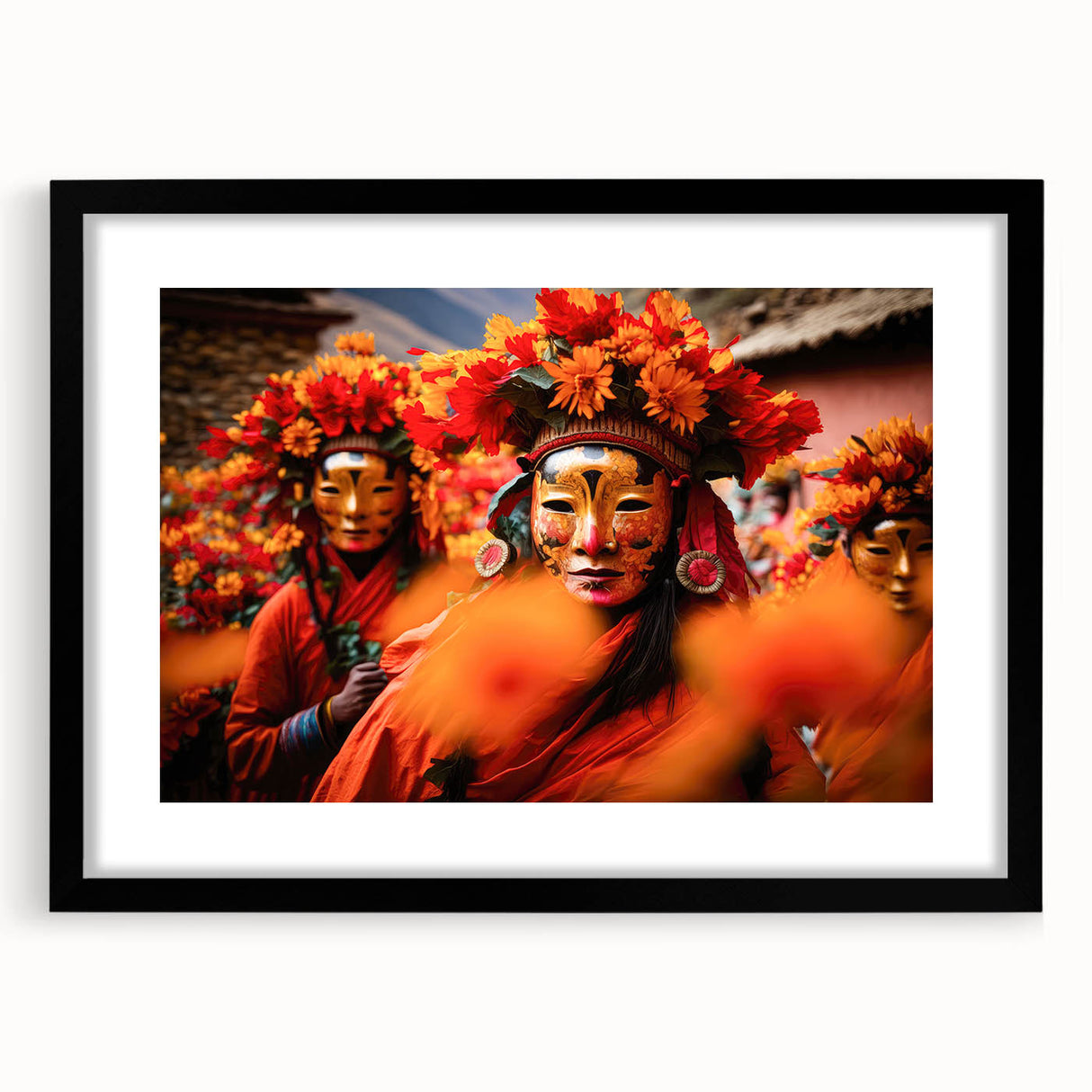 Extra large colorful art print of abstract Bhutan scenery in vibrant hues on a textured canvas, framed in black.