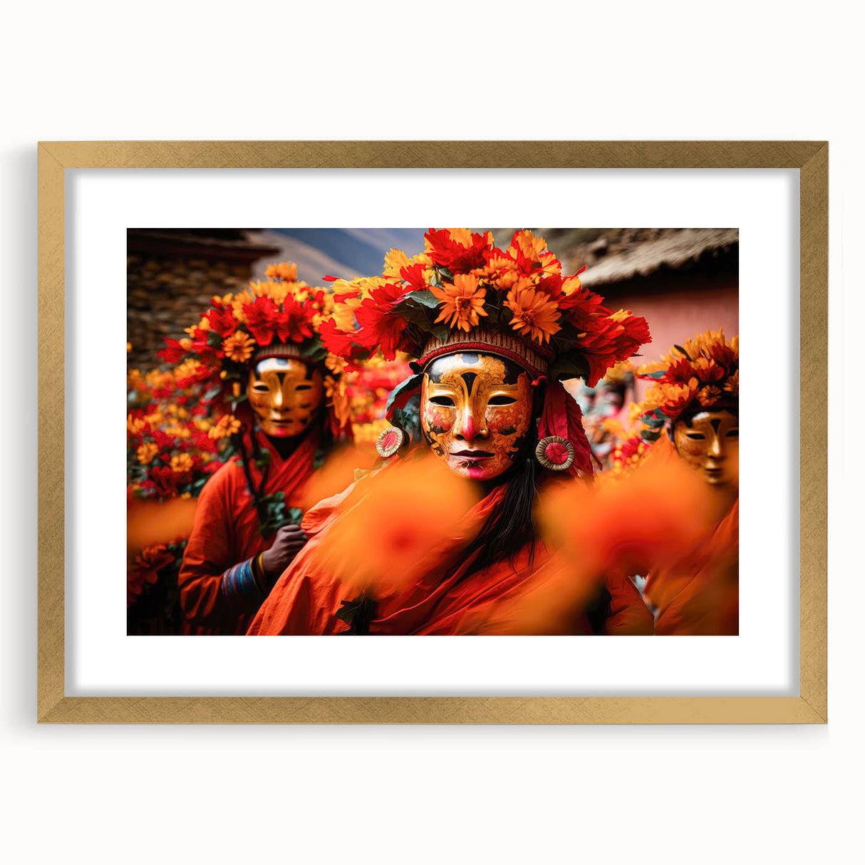 Extra large abstract art print of Bhutan scenery in gold frame, featuring textured brush strokes in earth tones.
