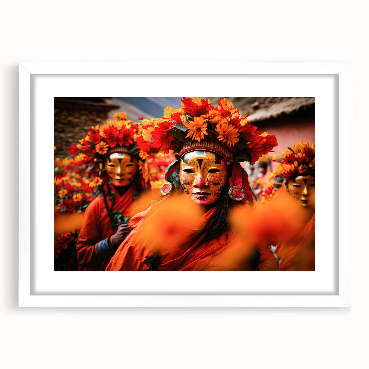 Textured abstract art print of Bhutan scenery in muted earth tones, framed in white, ideal for bedroom art.