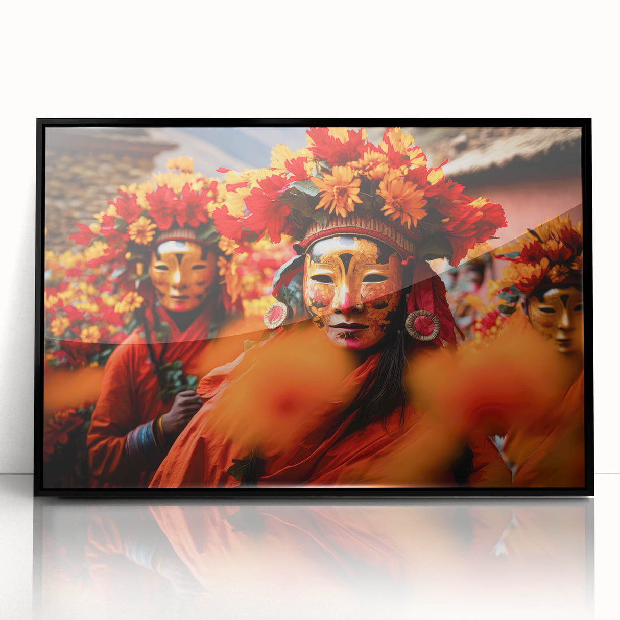 Large abstract wall art depicting a serene Bhutanese landscape in muted earth tones on a framed acrylic.