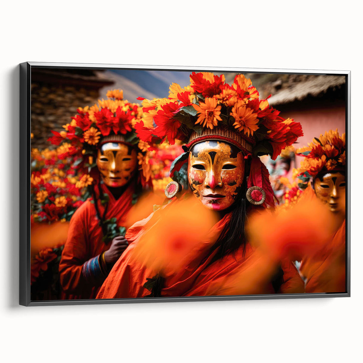 Black and white landscape art of Bhutan on framed canvas, suitable for bedroom decor, in a vintage poster style.