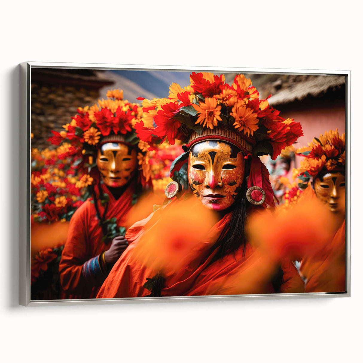 Framed canvas landscape art painting depicting a serene Bhutanese scenery in colorful hues, ideal for living room decor.