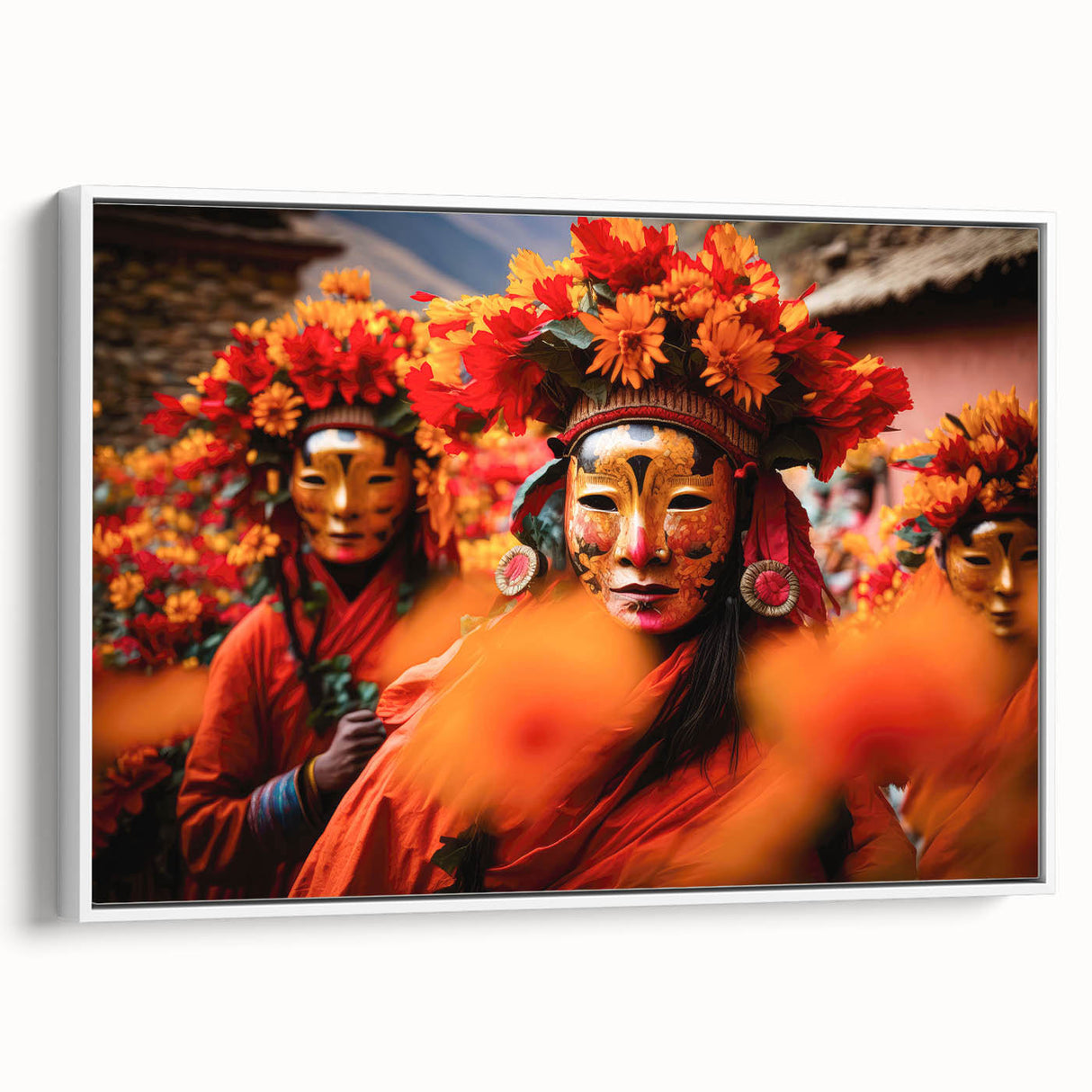 Framed vintage poster art of a Bhutanese landscape in colorful hues on white canvas, ideal for living room decor.
