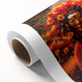 Art Deco style poster of Bhutan scenery on rolled canvas, featuring muted earth tones.