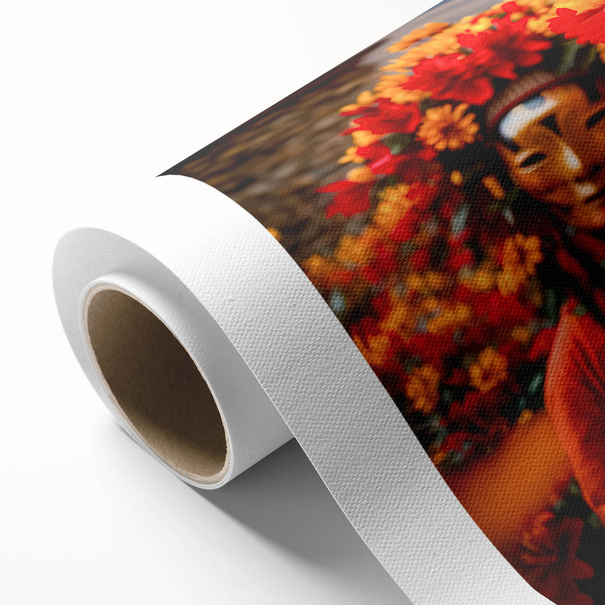 Art Deco style poster of Bhutan scenery on rolled canvas, featuring muted earth tones.