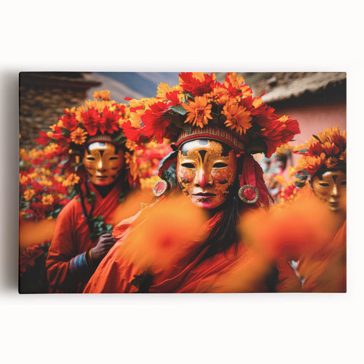 Large black and white photo of Bhutanese landscape on stretched canvas, ideal for kitchen wall art.
