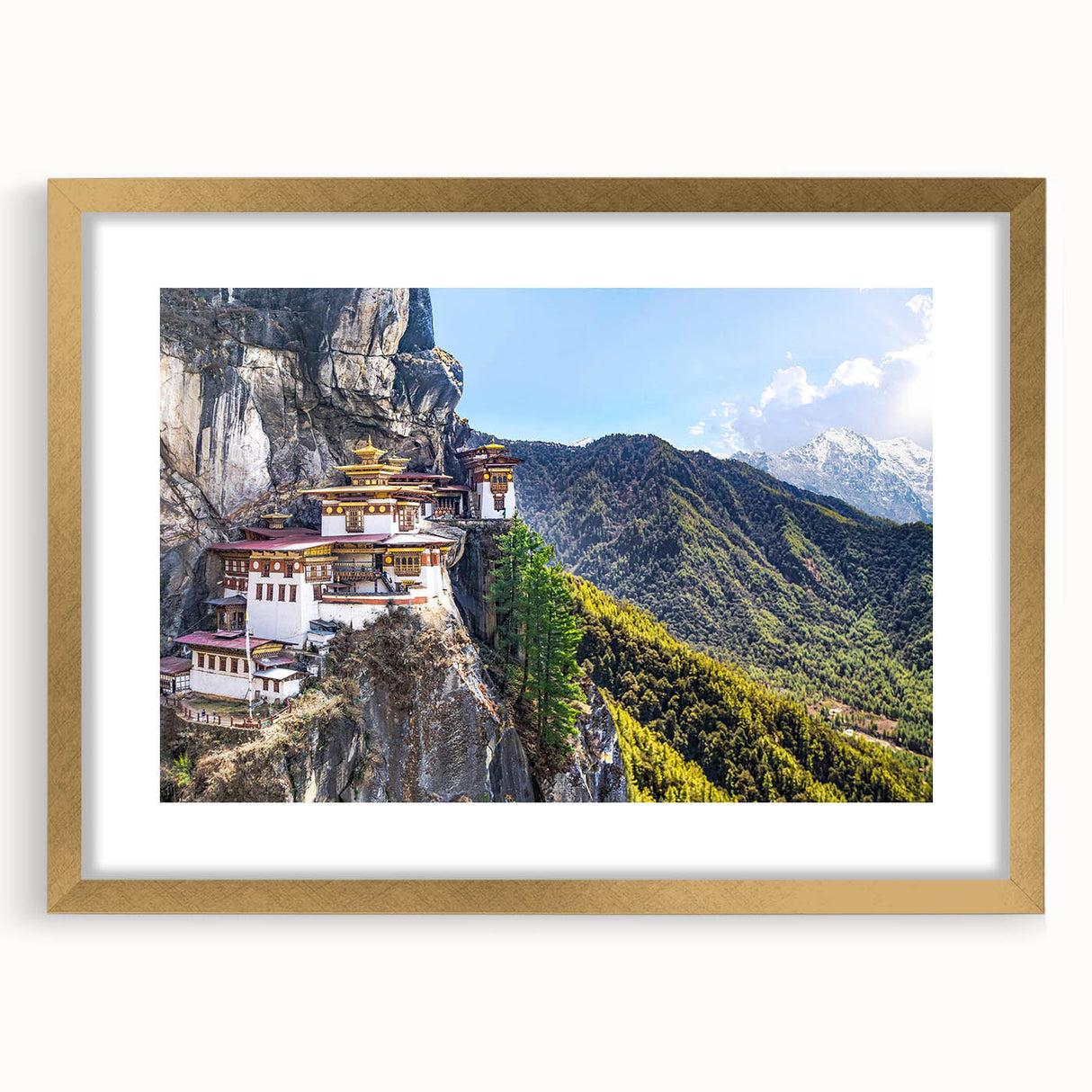 Extra large abstract art print of Tibetan scenery in textured gold frame, ideal for living room decor.
