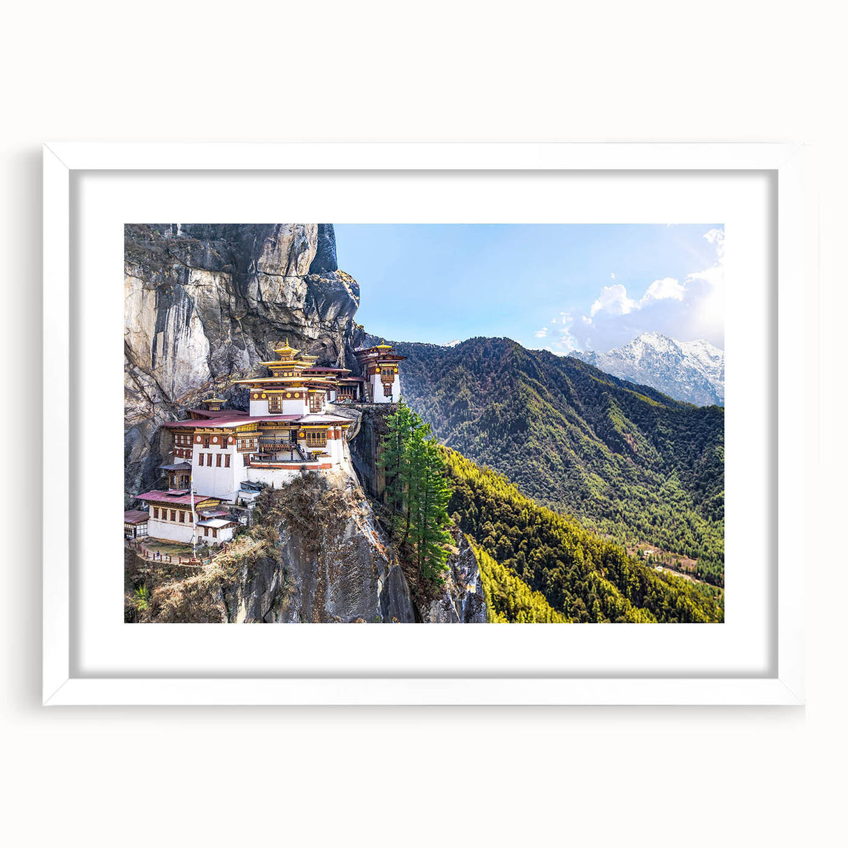 Abstract art print of a Tibetan landscape in muted earth tones on a framed white mat, ideal for dining room decor.