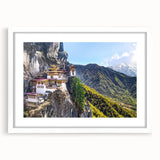 Abstract art print of a Tibetan landscape in muted earth tones on a framed white mat, ideal for dining room decor.