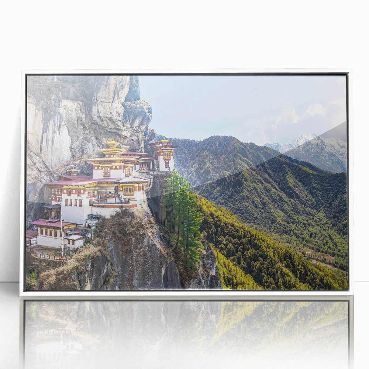 Acrylic print of a Tibetan landscape in muted earth tones, framed in white, suitable for modern art wall decor.